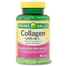 Spring Valley Collagen Type 1 & 3 plus Vitamin C Hair/Skin/Nails Health Dietary Supplement Tablets, 1,000 mg, 90 Count